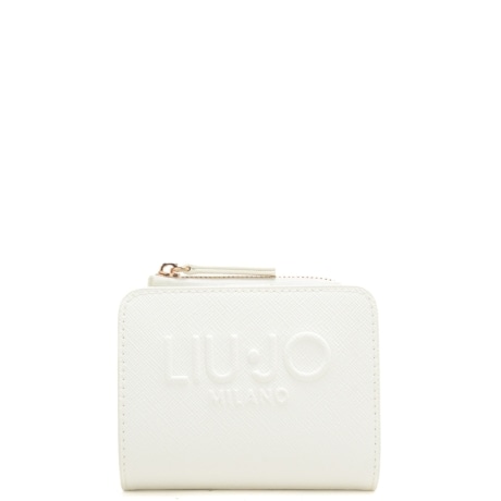 portacarte a libro da donna con maxi logo lettering in rilievo sul davanti ton sur ton crema 