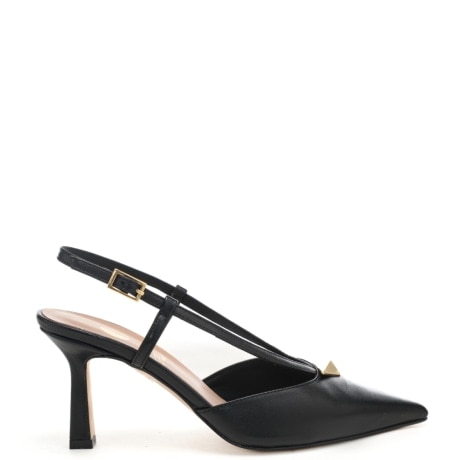 scarpe da donna chanel con placca triangolare in metallo sul davanti e bacchettine  nere