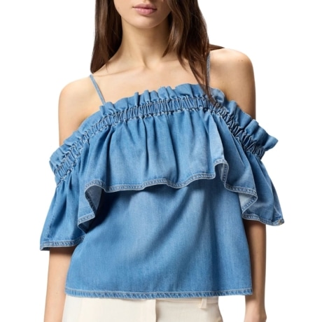 blusa da donna BLOCH in denim con arricciature e ruches blu 