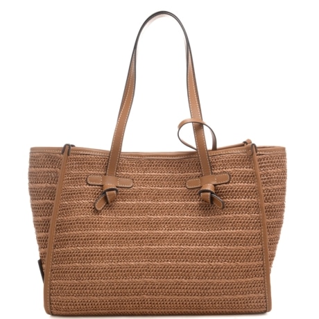 borsa a spalla da donna marcella in rafia intrecciata con profili a contrasto caramello