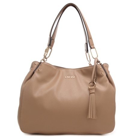 borsa satchel da donna con nappina e logo lettering in metallo sul davanti cammello