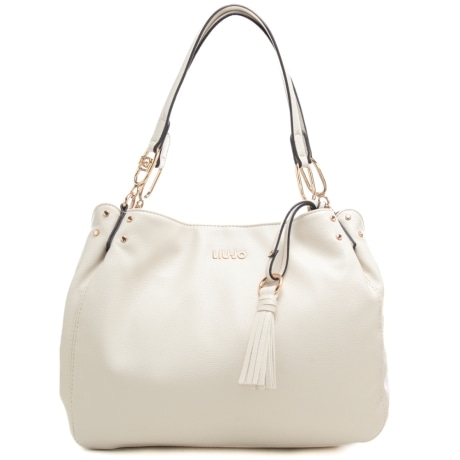 borsa satchel da donna con nappina e logo lettering in metallo sul davanti crema