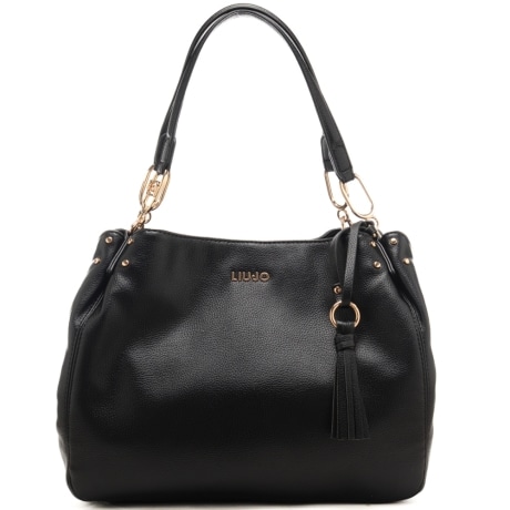 borsa satchel da donna con nappina e logo lettering in metallo sul davanti nera 