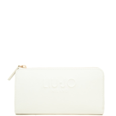 portafoglio grande da donna con maxi logo lettering in rilievo ton sur ton frontale crema