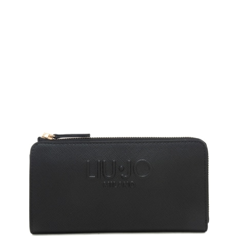 portafoglio grande da donna con maxi logo lettering in rilievo ton sur ton frontale nero