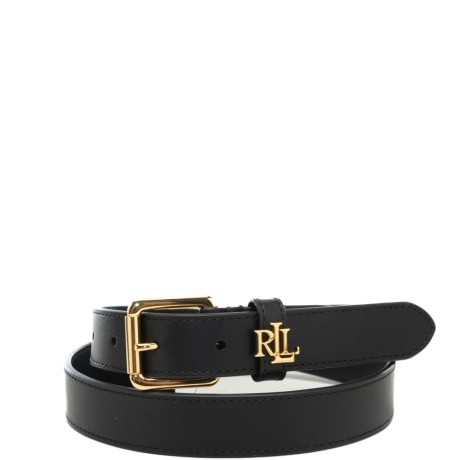 cintura da donna in vera pelle liscia con dettagli dorati e logo monogram sul davanti nera 