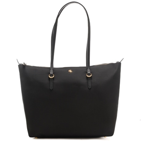 borsa a spalla da donna in tessuto con logo monogram in metallo sul davanti nera