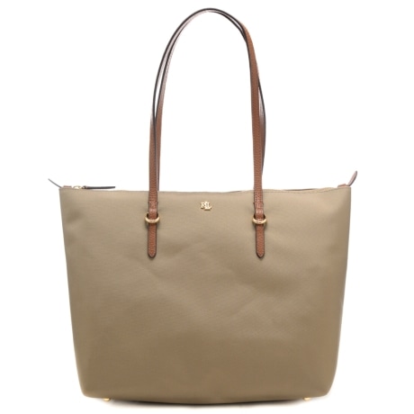 borsa a spalla da donna in tessuto con logo monogram in metallo sul davanti beige