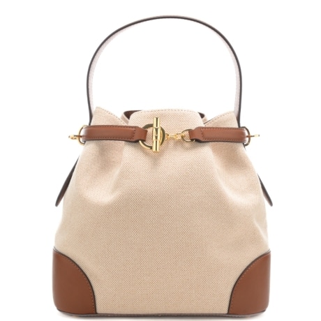 borsa a mano da donna in tessuto con inserti in pelle a contrasto colore beige e cuoio