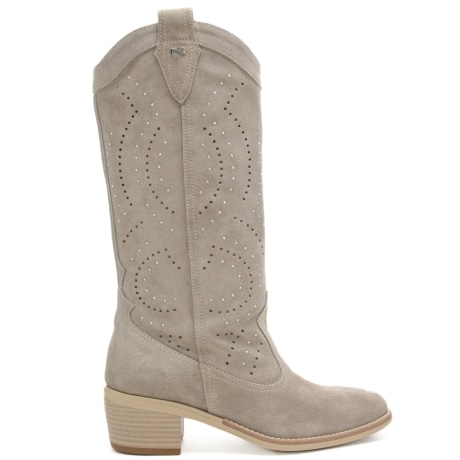 stivali alti da donna in suede con tomaia traforata beige 