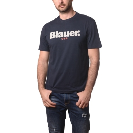 t-shirt da uomo ernst in cotone con maxi logo lettering a contrasto stampato sul davanti  blu