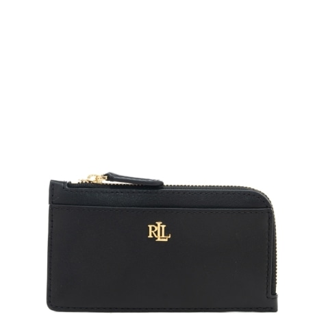 portacarte da donna in vera pelle con tasca con zip e logo monogram in metallo sul davanti nero