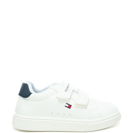 sneakers da bambino con chiusura a strappo e dettagli loggati con bandierina bianche blu