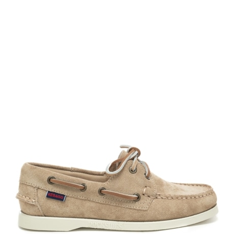mocassini da donna in suede con lacci frontali e lungo il perimetro beige