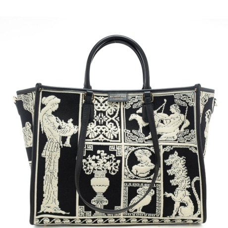 shopping bag da donna in vera pelle e tessuto intrecciato a fantasia antica grecia bianco nero
