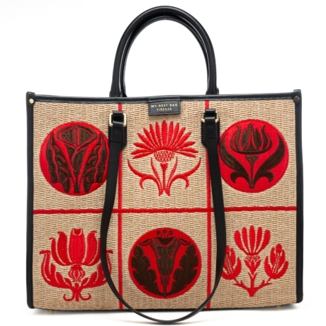 shopping bag da donna in vera pelle e tessuto intrecciato