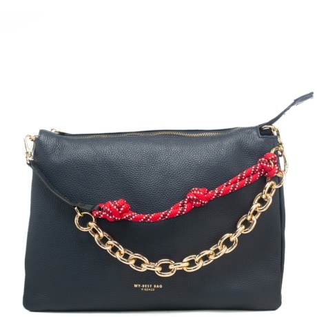 pochette da donna in vera pelle martellata con manico in catena e tessuto intrecciato a contrasto blu navy