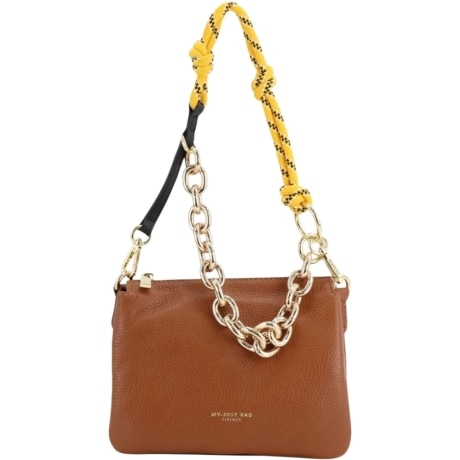  borsa a spalla da donna in vera pelle con manico in catena e corda intrecciata marrone