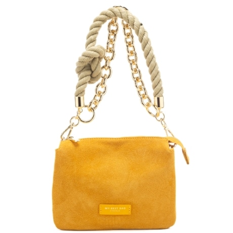 borsa a spalla da donna in vera pelle suede con manico in catena e corda intrecciata gialla 