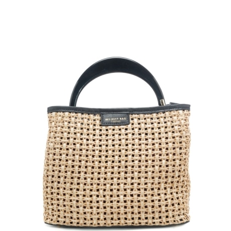 borsa a mano da donna in vera pelle e rafia intrecciata con manico rigido naturale 