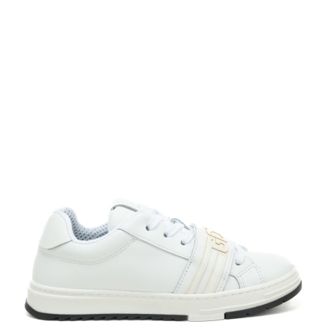 sneakers da bambino in vera pelle con fascia frontale con maxi logo lettering ton sur ton bianche 