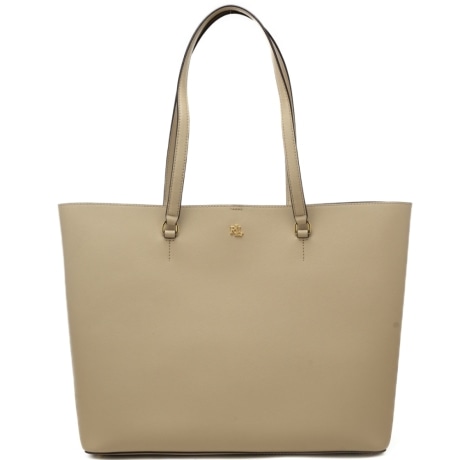 shopping bag da donna in pelle con mini logo monogram in metallo sul davanti beige 