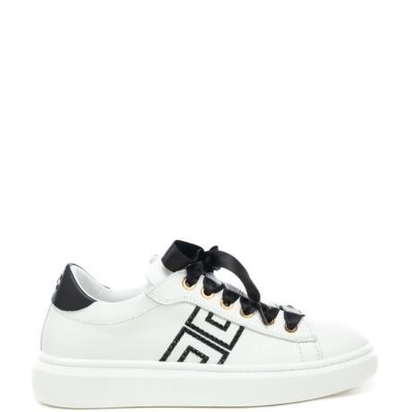 sneakers da bambina in pelle con dettagli dorati e strass bianco nero