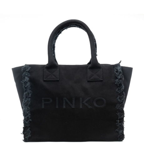 borsa da donna beach shopper in canvas con maxi logo lettering cucito sul davanti nera 