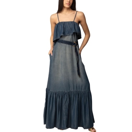 abito lungo da donna CHIARODILUNA in denim con ruches e arricciature blu scuro