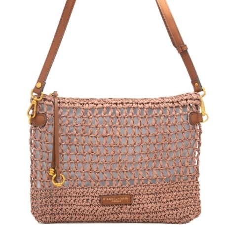 pochette da donna nefeli in rafia intrecciata con dettagli in cuoio rosa