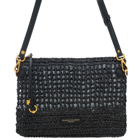 pochette da donna nefeli in rafia intrecciata con dettagli in cuoio nera 