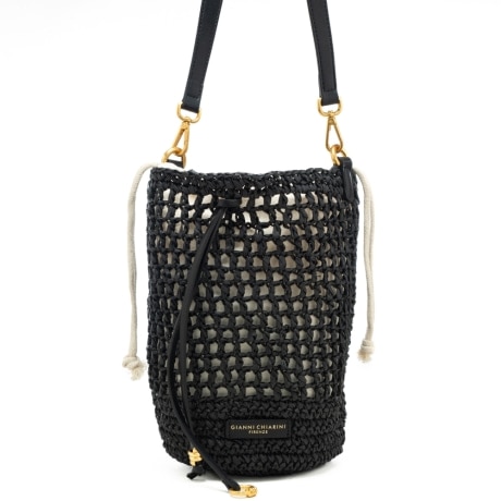 borsa da donna nefeli in rafia intrecciata con sacca interna con coulisse nera 