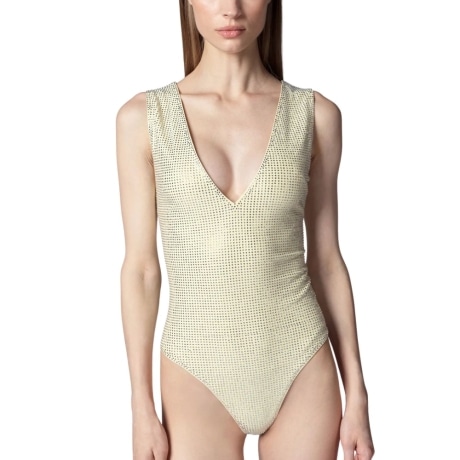 body da donna NEW URANO con strass ton sur ton all over giallo argento 