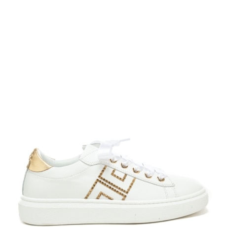 sneakers da bambina in pelle con dettagli dorati e strass bianco oro