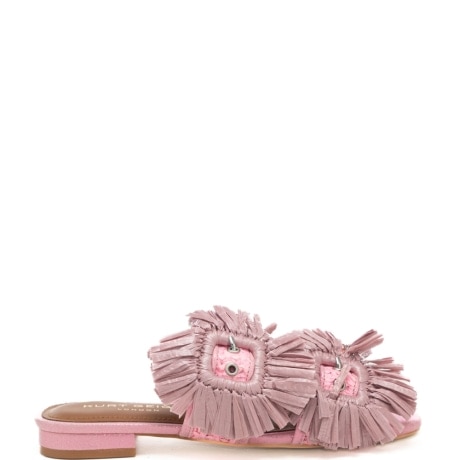 scarpe basse da donna in tessuto intrecciato con doppia fascia e maxi fibbie con frange rosa 