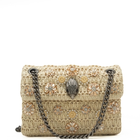 borsa a tracolla da donna KENSINGTON MINI in tessuto intrecciato con decorazioni floreali con strass e pietre beige 