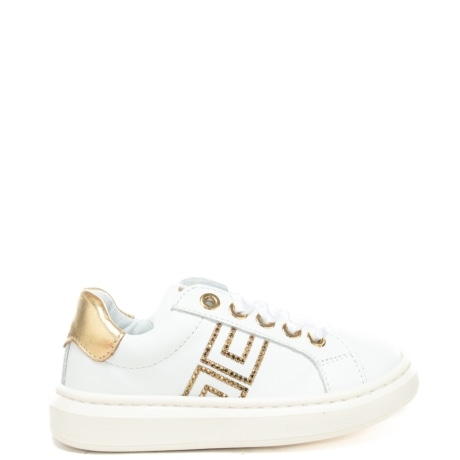  sneakers da bambina in pelle con dettagli dorati e strass bianco oro