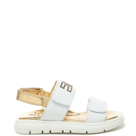 sandali da bambina con logo strass sul davanti e inserti laminati bianco oro