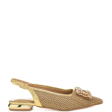 slingback basse da donna con tomaia traforata in lurex con applicazione con maxi strass frontale oro