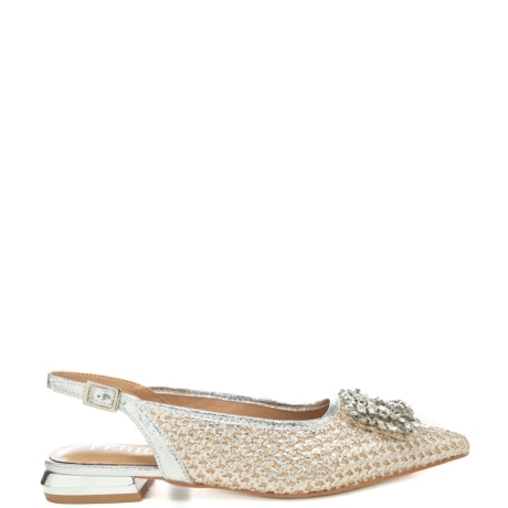 slingback basse da donna con tomaia traforata in lurex con applicazione con maxi strass frontale  argento