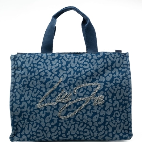borsa tote da donna con stampa fantasia maculata ton sur ton blu denim