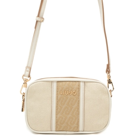borsa camera case da donna con inserto centrale pattern logo monogram a contrasto neutro crema 