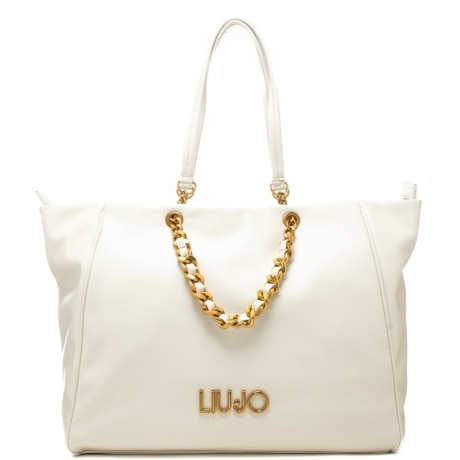borsa TOTE da donna con dettagli in catena in metallo dorato crema 