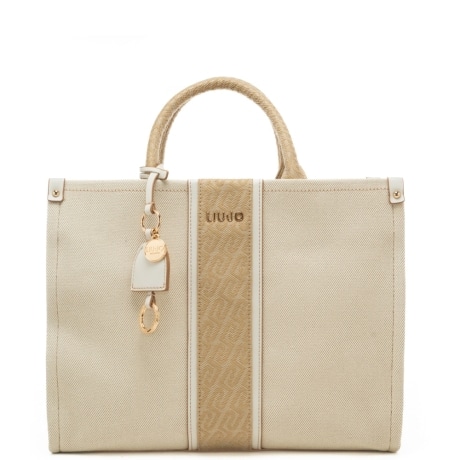  borsa tote grande da donna con inserti con pattern logo monogram neutro crema 