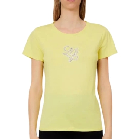 T SHIRT da donna con logo handwriting con strass sul davanti giallo chiaro 