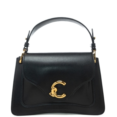 borsa a mano da donna c-me calf in vera pelle con logo monogram in metallo davanti nera 