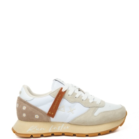 sneakers da donna ally vintage con inserti in suede e fiori ricamato bianco panna 