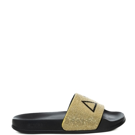 slippers da donna con fascia frontale con strass all over e logo nero oro