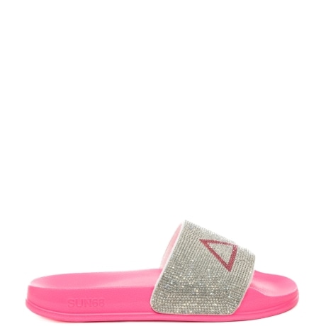 slippers da donna con fascia frontale con strass all over e logo fuxia fluo