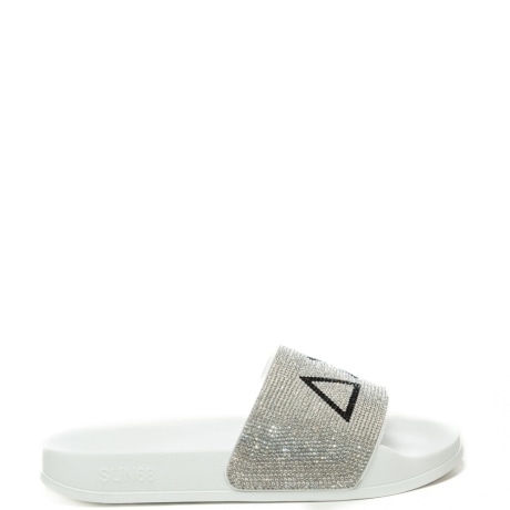 slippers da donna con fascia frontale con strass all over e logo bianco 